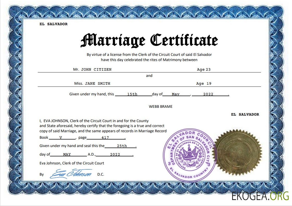 Modèle Word et PDF d'acte de mariage au Salvador